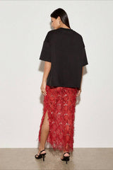 Sequin Fringe Slit Midi Party Skirt