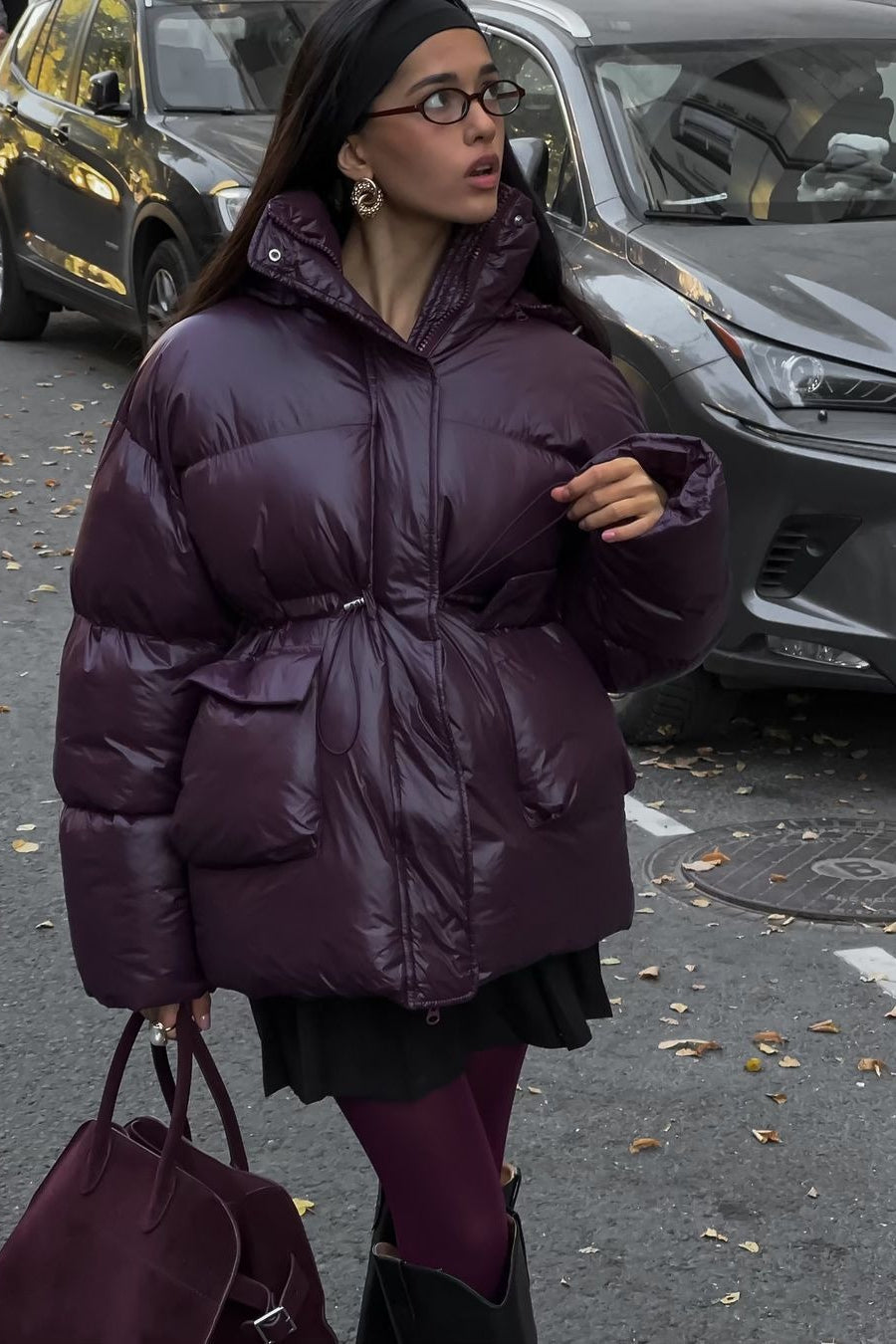 Solid Color Zipped Hooded Puffer Jacket S / Red