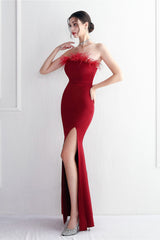 Elegant Feather Trim Strapless Formal Dress