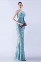 Ostrich Feather Embellished Maxi Dress Blue / S