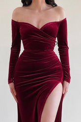 Sexy One Shoulder High Slit Elegant Velvet Dress