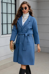 Blue Belted Midi Wool Blend Overcoat