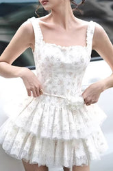 Square Neck Lace Layered Mini Floral Dress