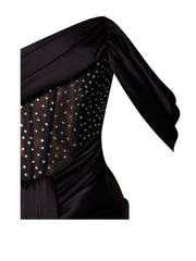 Stella Black Off Shoulder Graceful Crystal Corset Satin Gown Dresses