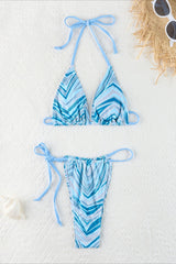 Retro Striped Halter Tie String Triangle Bikini Set