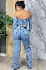 Off Shoulder Denim Long Sleeve Sexy Crop Top