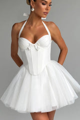 Boned Halter Lace Tie Waist Tulle Mini Dress
