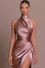 High Neck Draped Satin Slit Formal Dress