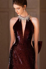 Sequin Burgundy Halter Mermaid Train Prom Dress