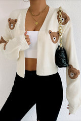 Bear Embroidery Short Christmas Cardigan