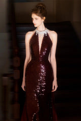 Sequin Burgundy Halter Mermaid Train Prom Dress