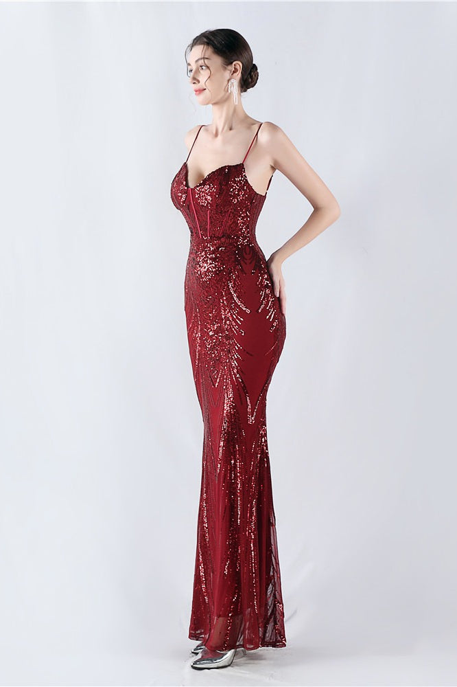 Boned Sequin Embroidered Formal Dress S / Red