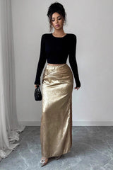 Metallic Ruched Slit Bodycon Pencil Skirt