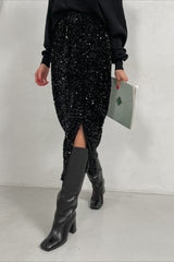 Sequin High Waist Slit Bodycon Midi Skirt