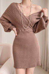 Sexy V Neck Cross Collar Off Shoulder Cable Ribbed Bodycon Sweater Dress