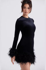 Knitted Fleece Cuff Hem Waist Cinching Slim Velvet Dress
