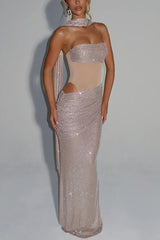 Sequin Sash Strapless Gown Dress