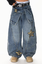 Leopard Print Patchwork Tie Loose Wide Leg Retro Jeans