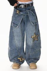 Leopard Print Patchwork Tie Loose Wide Leg Retro Jeans