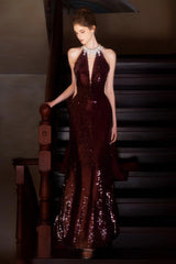 Sequin Burgundy Halter Mermaid Train Prom Dress