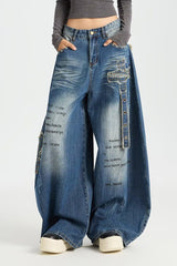 Rivet Patch Curved Leg Loose Retro Hip Hop Jeans