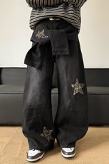 Leopard Print Patchwork Tie Loose Wide Leg Retro Jeans