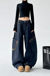 Leopard Spliced Vintage Wide Leg Jeans Black / S