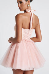 Boned Halter Lace Tie Waist Tulle Mini Dress