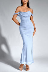 Boned Mesh Ruched Backless Formal Dress XS / Blue