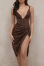Satin V-Neck Bustier Slit Cocktail Dress S / Brown