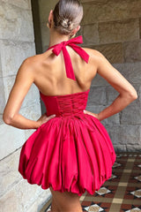Elegant Halter Tie Bow Puffy Hem Mini Dress