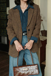 Herringbone Wool Blend Blazer S / Brown