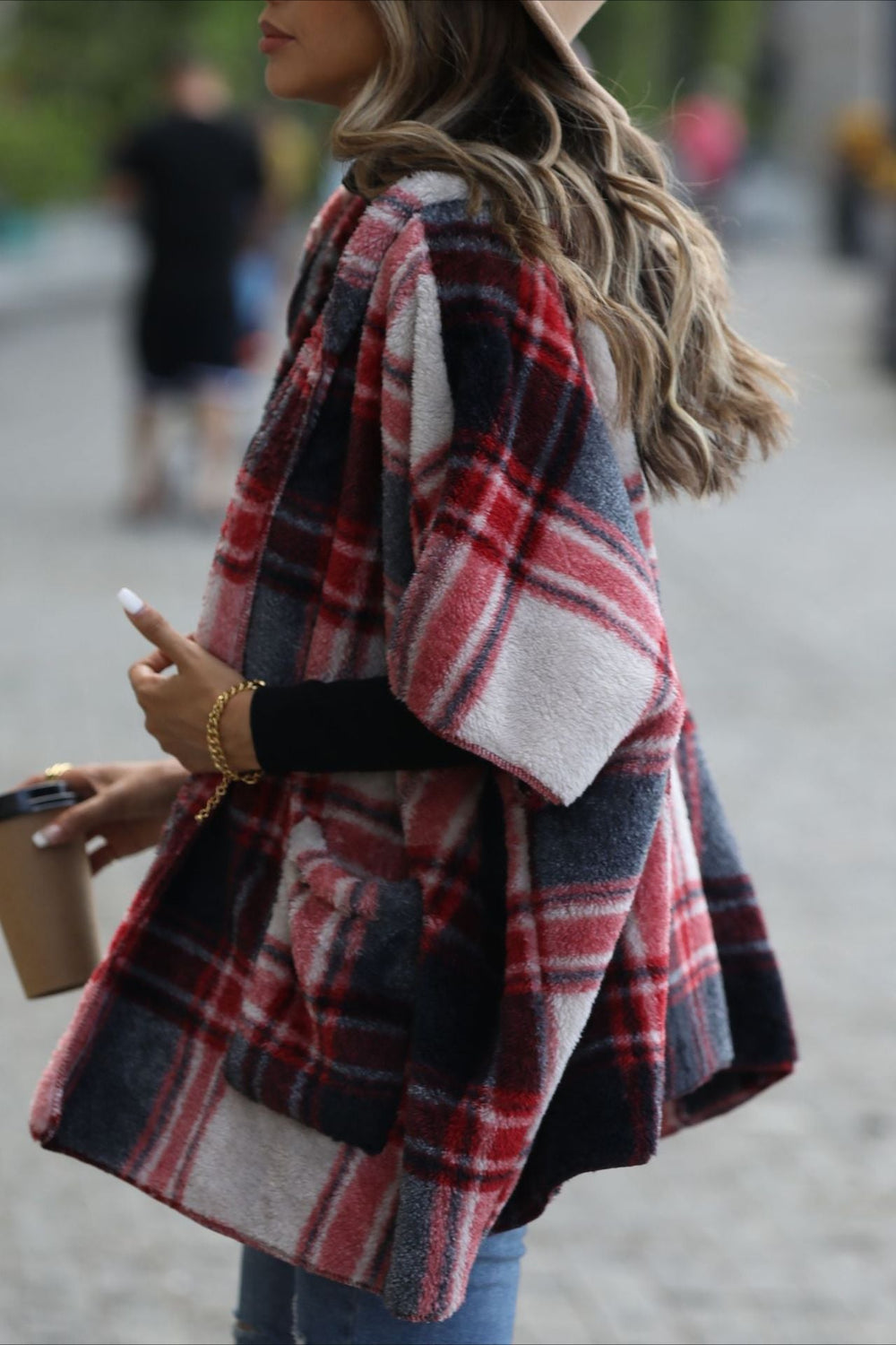 Fuzzy Plaid Hooded Short Sleeve Coat coats
