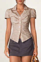 V Neck Striped Ruched Blouse