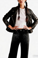 Black Denim Stretch Rhinestone Straight Pants