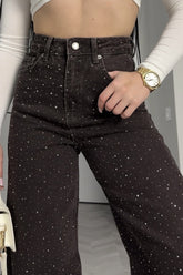 Retro Rhinestone High Waist Wide Leg Jeans