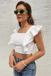 Backless Tie Ruffle Sleeve Sweet Square Neck Crop Top