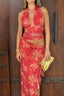 Halter Deep V Ruffle Patchwork Cutout Long Floral Dress