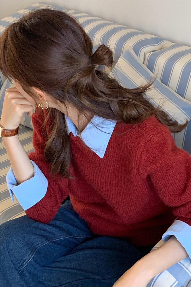 Layered Look Collared Knit Sweater Red / One Size