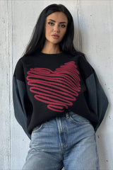 Heart Pattern Crewneck Denim Sweater