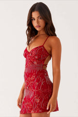 Colorful Beaded Back Tie Cocktail Dress S / Red