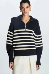 Fashion Wool Blend Open Collar Sweater Black Stripes / XS