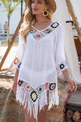 White Fringe Trim Boho Dress White / one size