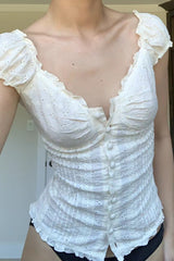 Lace Trim V Neck Button Front Slim Blouse