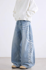 Letter Printed Slouchy Wide Leg Versatile Jeans