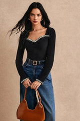 Rhinestone Trimmed Fitted Long Sleeve Tee