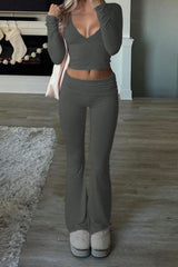 Casual V Neck Flared Stretch Two Piece Pants Set