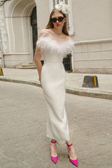 Faux Fur Trim Strapless Bodycon Dress