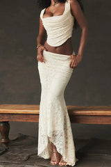 Elegant Lace Up Crop Top & Maxi Skirt Boho Dress