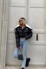 Polar Fleece Patchwork Faux Fur Collar Puffer Jacket